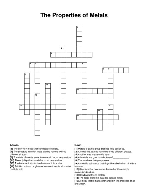 The Properties of Metals Crossword Puzzle