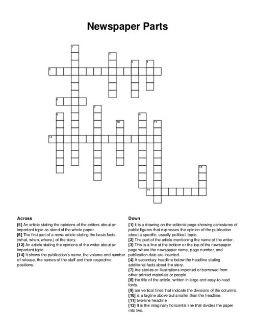 Newspaper Parts Crossword Puzzle