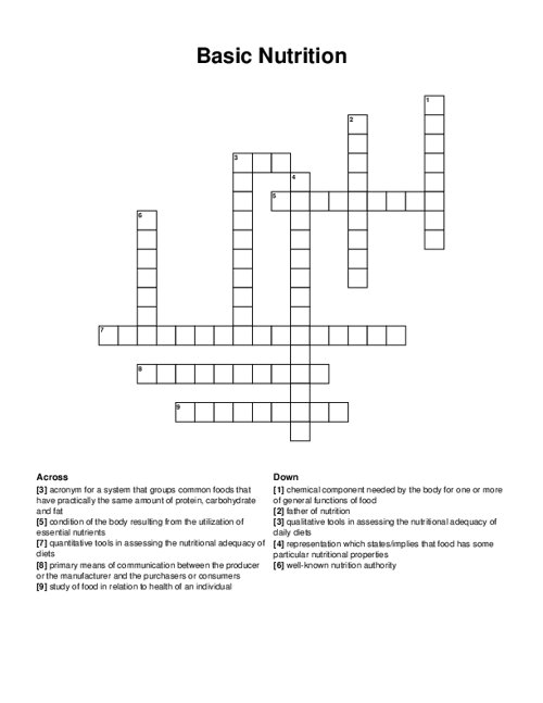 Basic Nutrition Crossword Puzzle