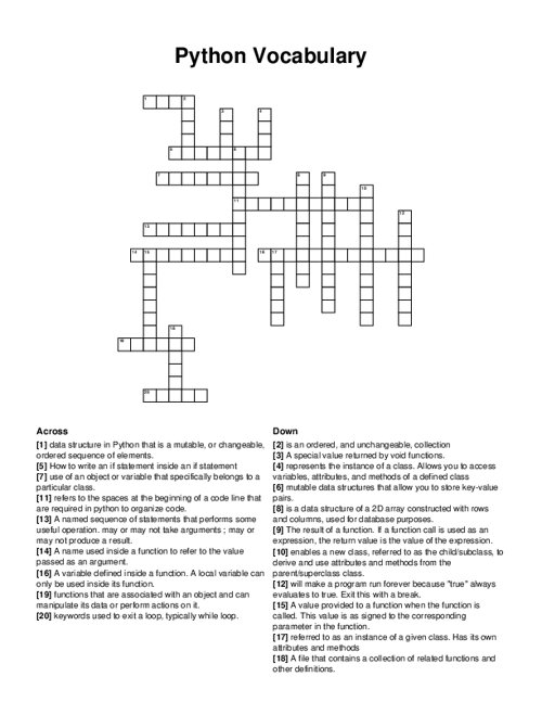 Python Vocabulary Crossword Puzzle