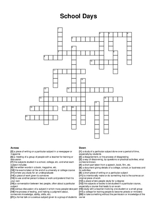 School Days Crossword Puzzle