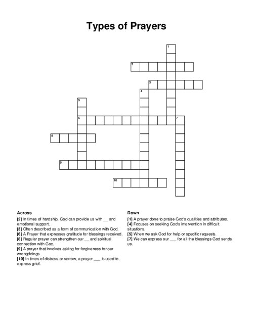 Types of Prayers Crossword Puzzle