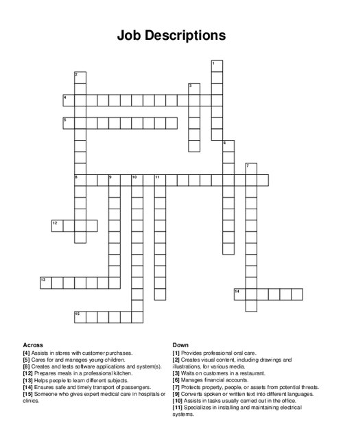 Job Descriptions Crossword Puzzle