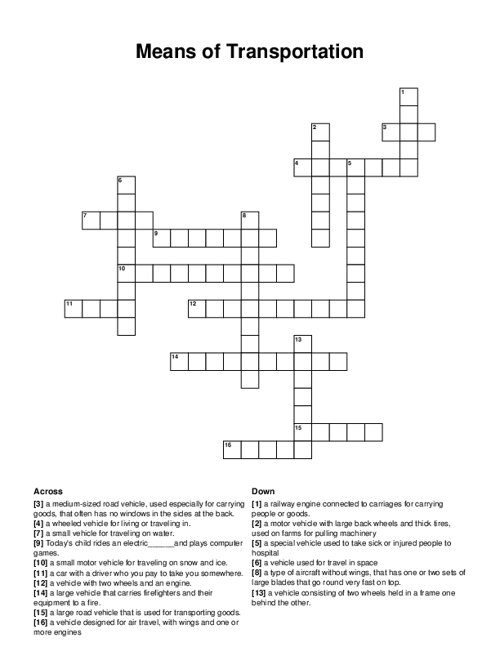 Means of Transportation Crossword Puzzle