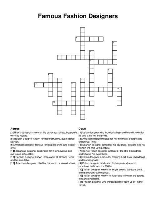 Famous Fashion Designers Crossword Puzzle