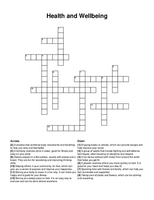 Health and Wellbeing Crossword Puzzle