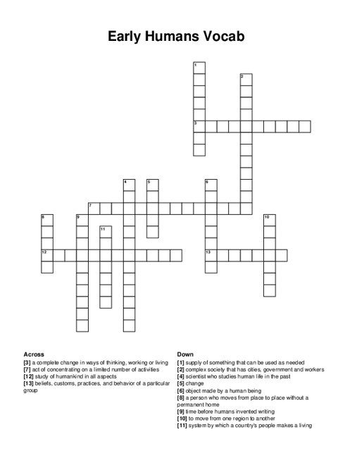 Early Humans Vocab Crossword Puzzle