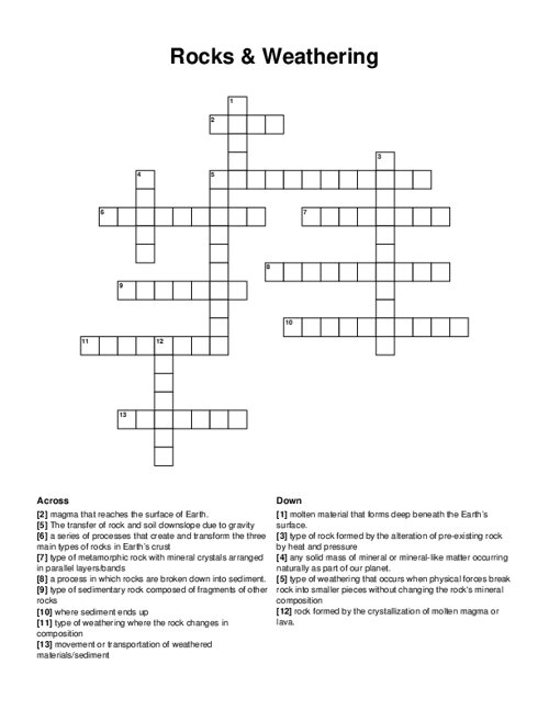 Rocks & Weathering Crossword Puzzle