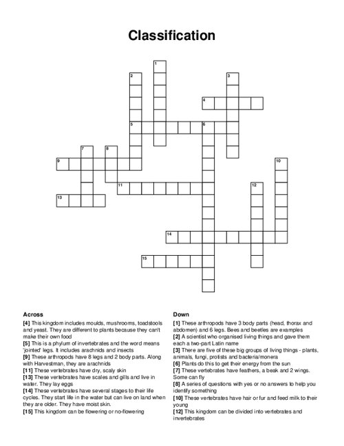 Classification Crossword Puzzle