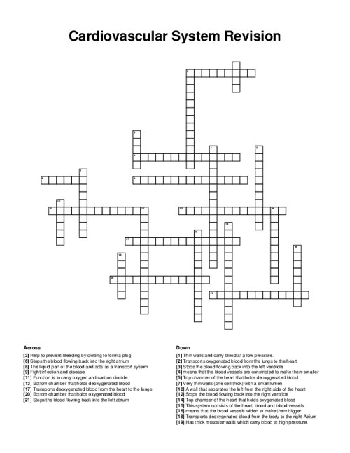 Cardiovascular System Revision Crossword Puzzle