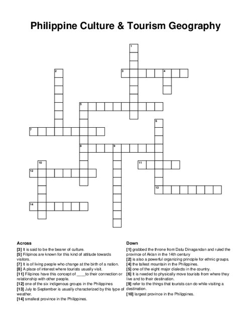 Philippine Culture & Tourism Geography Crossword Puzzle