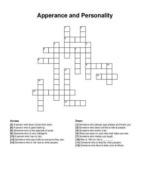 Apperance and Personality Crossword Puzzle