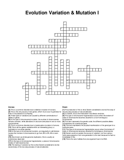 Evolution Variation & Mutation I Crossword Puzzle