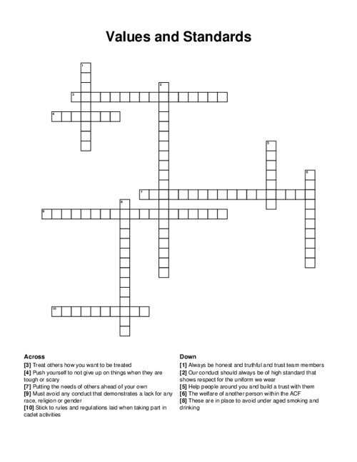 Values and Standards Crossword Puzzle