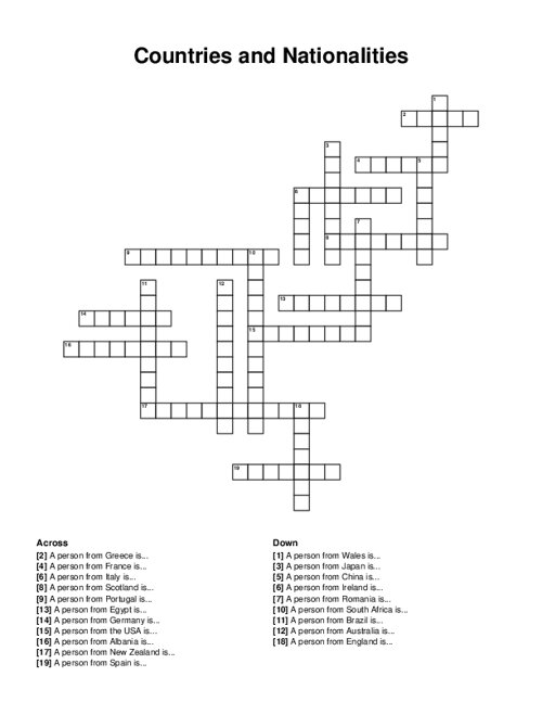 Countries and Nationalities Crossword Puzzle