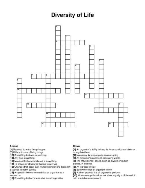 Diversity of Life Crossword Puzzle