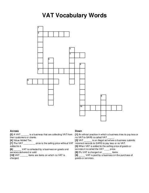 VAT Vocabulary Words Crossword Puzzle