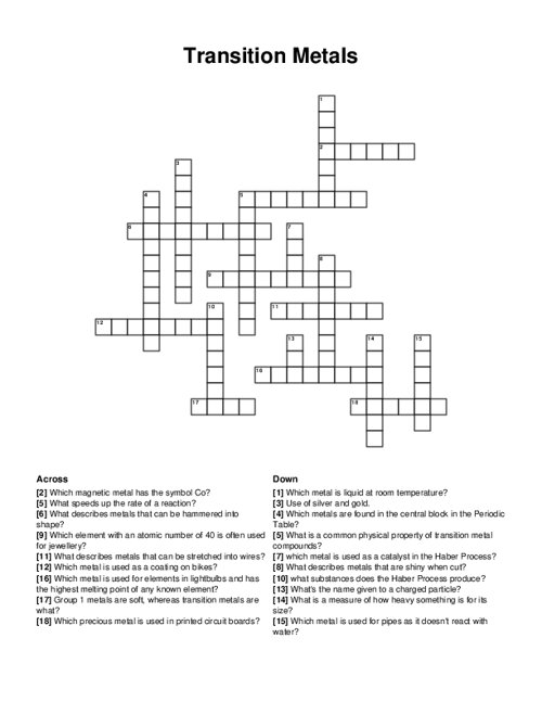 Transition Metals Crossword Puzzle