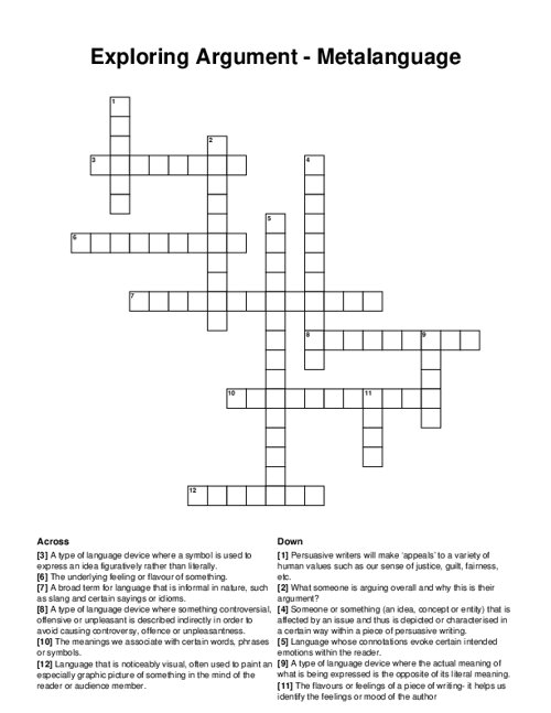 Exploring Argument - Metalanguage Crossword Puzzle