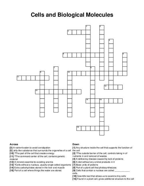 Cells and Biological Molecules Crossword Puzzle