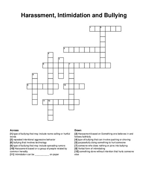 Harassment, Intimidation and Bullying Crossword Puzzle