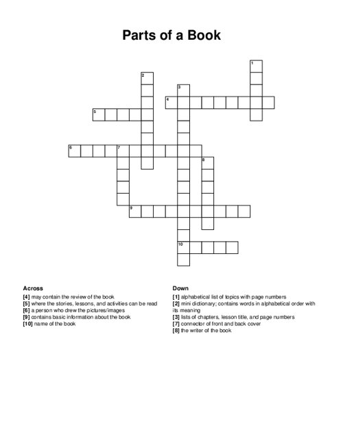 Parts of a Book Crossword Puzzle