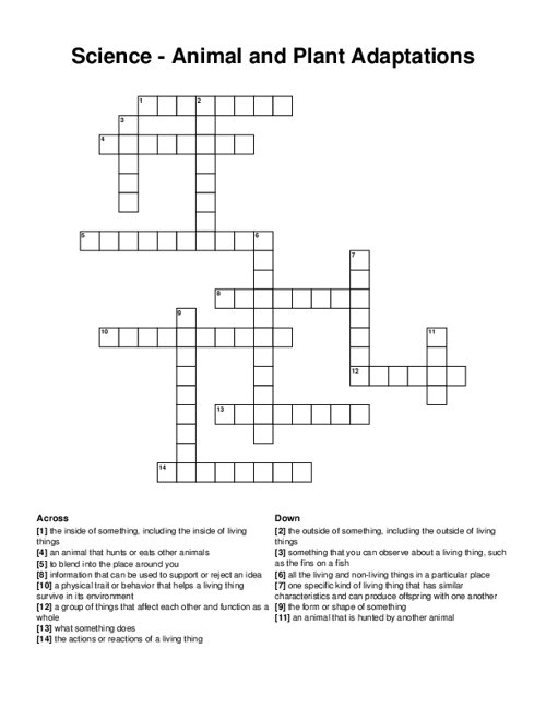 Science - Animal and Plant Adaptations Crossword Puzzle