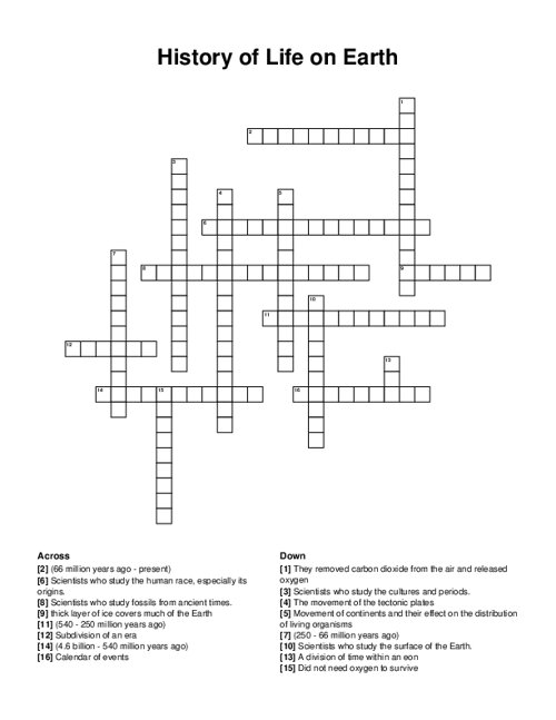 History of Life on Earth Crossword Puzzle