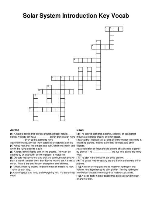 Solar System Introduction Key Vocab Crossword Puzzle