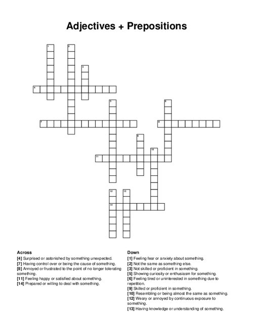 Adjectives + Prepositions Crossword Puzzle