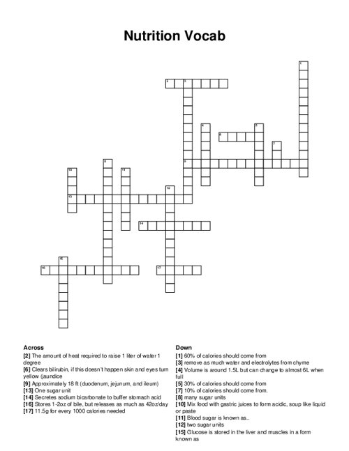 Nutrition Vocab Crossword Puzzle