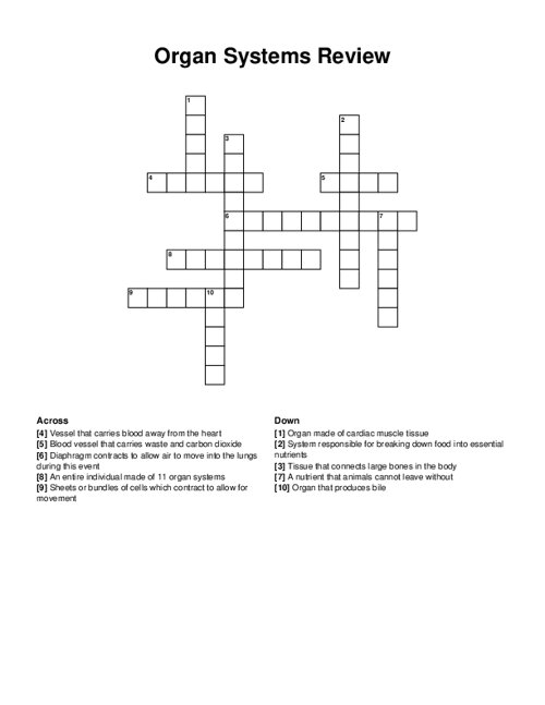 Organ Systems Review Crossword Puzzle