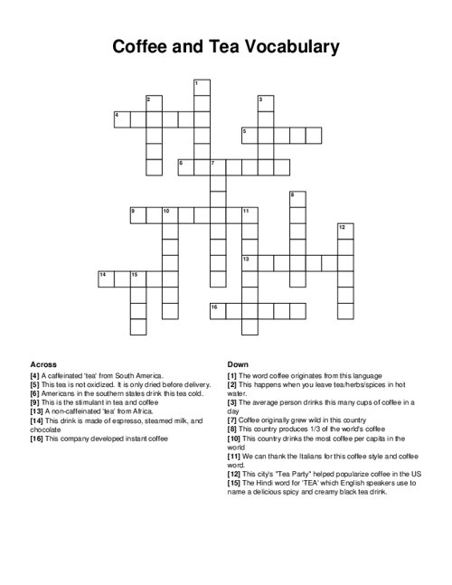 Coffee and Tea Vocabulary Crossword Puzzle