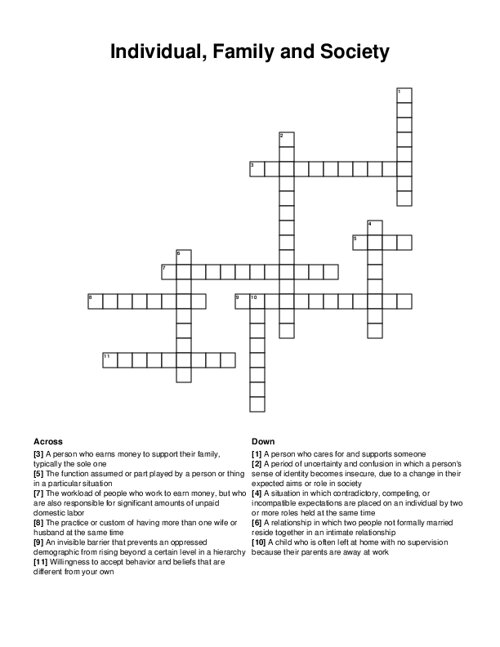 Individual, Family and Society Crossword Puzzle