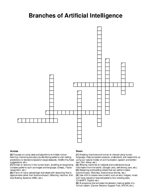 Branches of Artificial Intelligence Crossword Puzzle