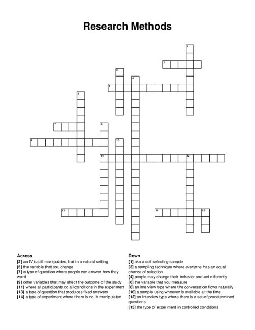 Research Methods Crossword Puzzle