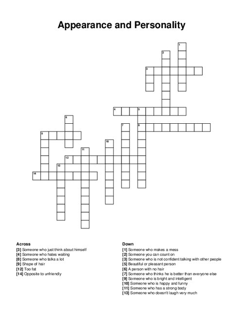 Appearance and Personality Crossword Puzzle