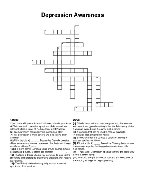 Depression Awareness Crossword Puzzle