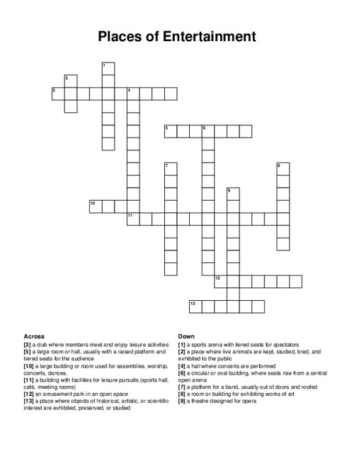 Places of Entertainment Crossword Puzzle