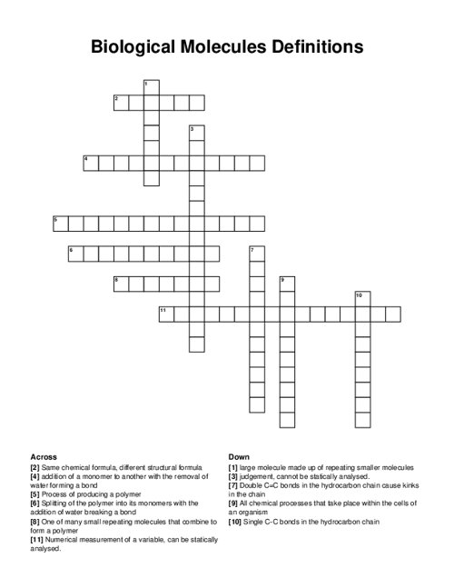 Biological Molecules Definitions Crossword Puzzle