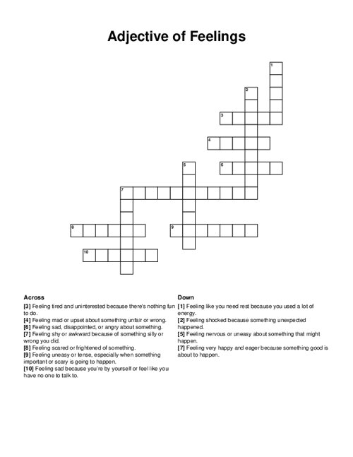 Adjective of Feelings Crossword Puzzle