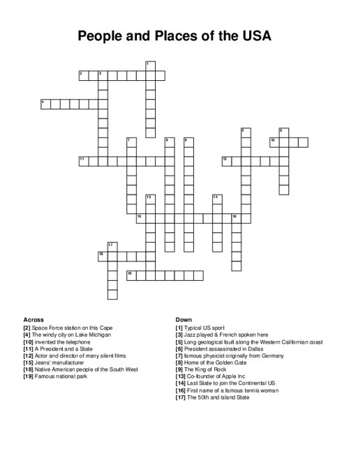 People and Places of the USA Crossword Puzzle