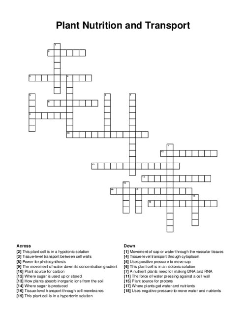 Plant Nutrition and Transport Crossword Puzzle