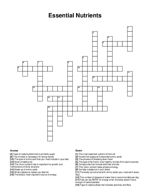 Essential Nutrients Crossword Puzzle