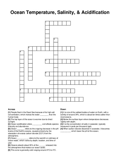 Ocean Temperature, Salinity, & Acidification Crossword Puzzle