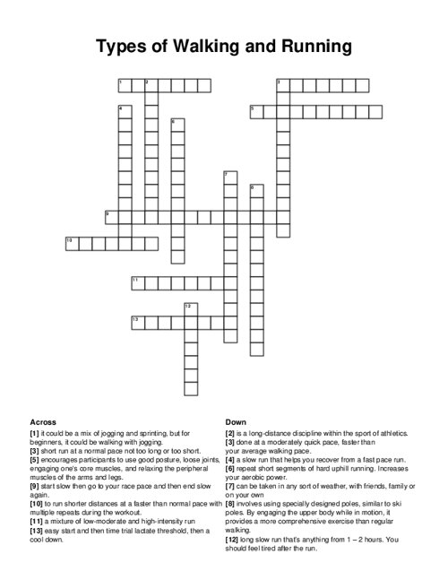 Types of Walking and Running Crossword Puzzle