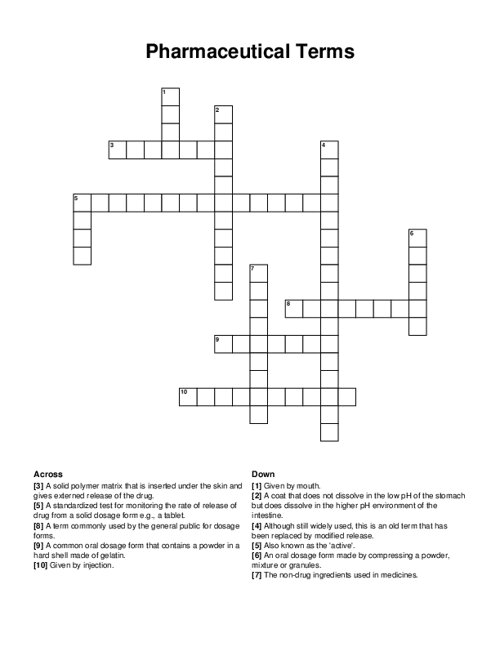 Pharmaceutical Terms Crossword Puzzle