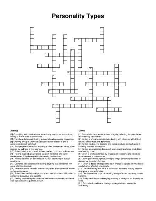 Personality Types Crossword Puzzle