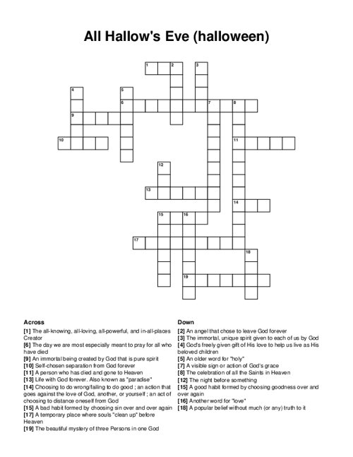 All Hallows Eve (halloween) Crossword Puzzle