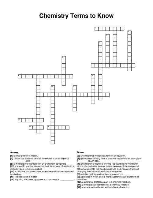 Chemistry Terms to Know Crossword Puzzle